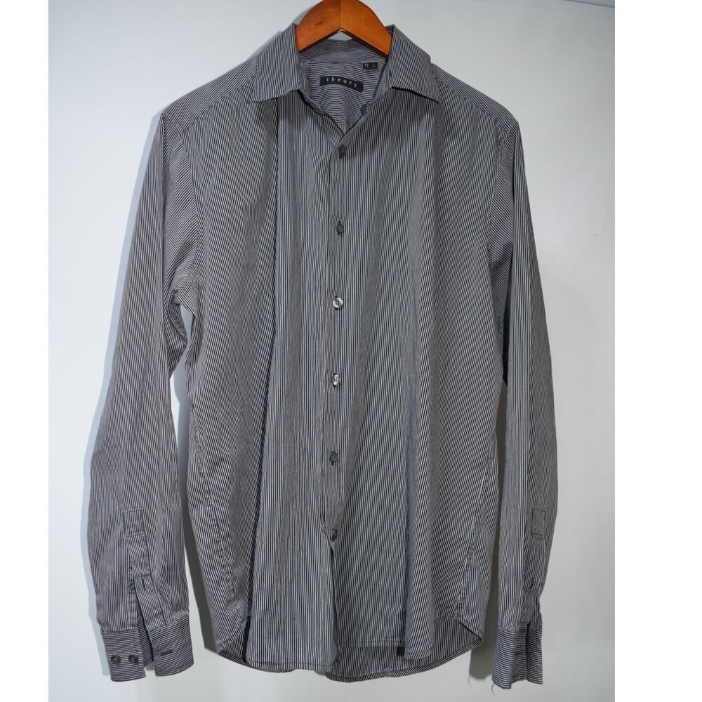 Theory Men’s Black White Micro Stripe Long Sleeve Button Front Shirt Large